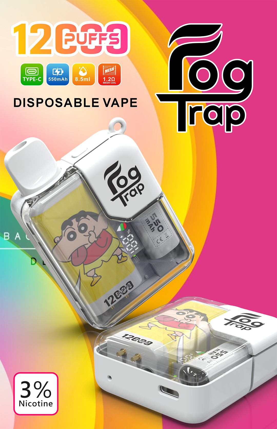 【買10送1】Fog Trap 限量聯名 蠟筆小新 × LABUBU 12000口長效主機 油電數位顯示屏 雙檔功率切換爆發口感 全台現貨秒發:圖片 5