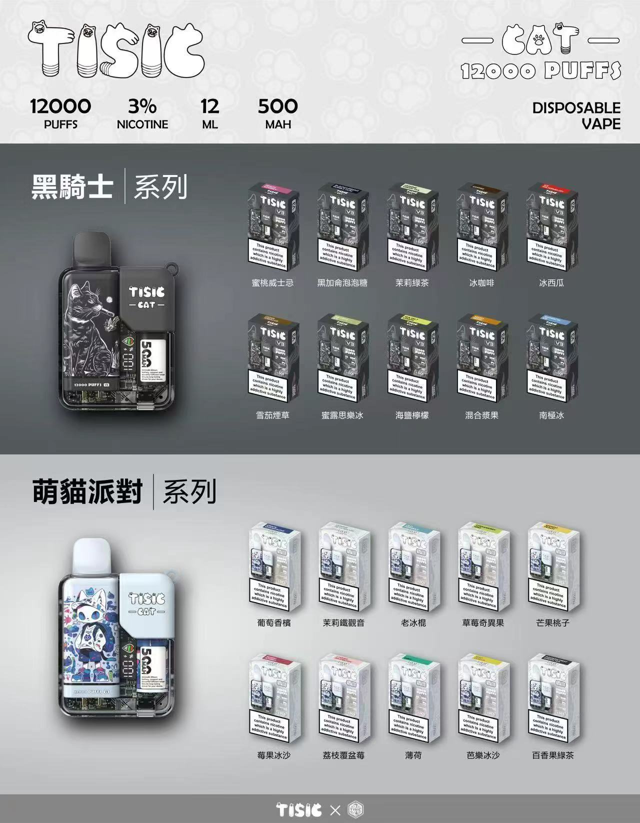 【買10送1】TISIC 12000口拋棄式:黑騎士/萌貓派對雙風格任選 12ml 超長效不漏油設計 500mAh 高效快充 台灣現貨秒發:圖片 2